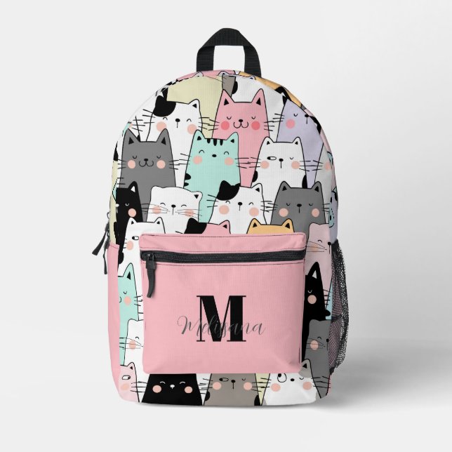 Kawaii-Katzen-Muster-Monogramm-Name Bedruckter Rucksack (Vorderseite)