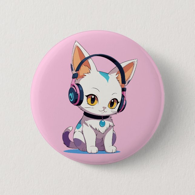 Kawaii Kitten in Rocking-Kopfhörern Button (Vorderseite)