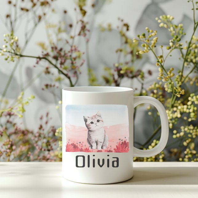 Kawaii Kitten Personalisiert Girl Name Rosa Tasse (Von Creator hochgeladen)