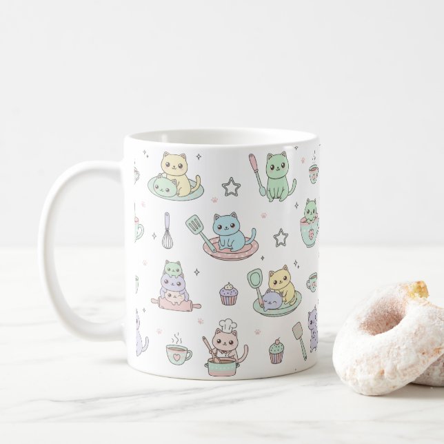 Kawaii Kittens Baking Pattern Coffee Mug (Avec donut)
