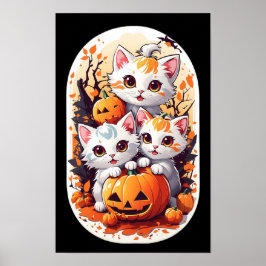 Kawaii Kittens spielt mit einem kleinen Kürbis Poster