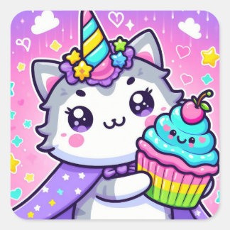 Kawaii Kitty mit cupcake Geburtstag Quadratischer Aufkleber