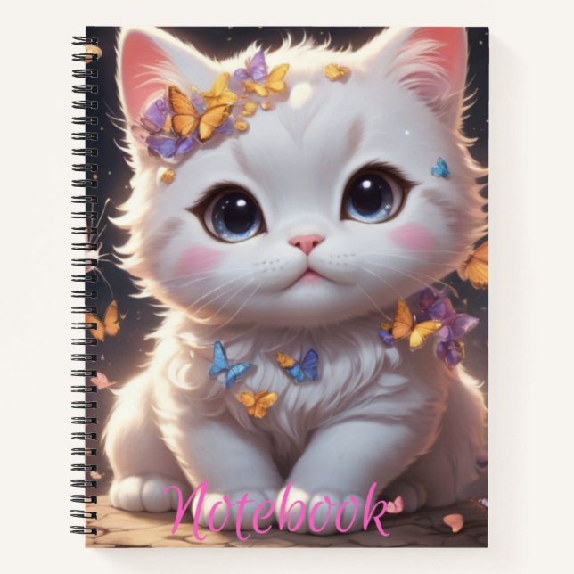 Kawaii Kitty with Butterflies Spiral Notebook Notizbuch (Vorderseite)