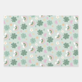 Kawaii Kleeblatt & Rainbow Pastel Green Set 3 Geschenkpapier Set