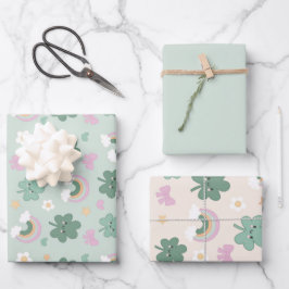 Kawaii Kleeblatt & Rainbow Pastel Green Set 3 Geschenkpapier Set