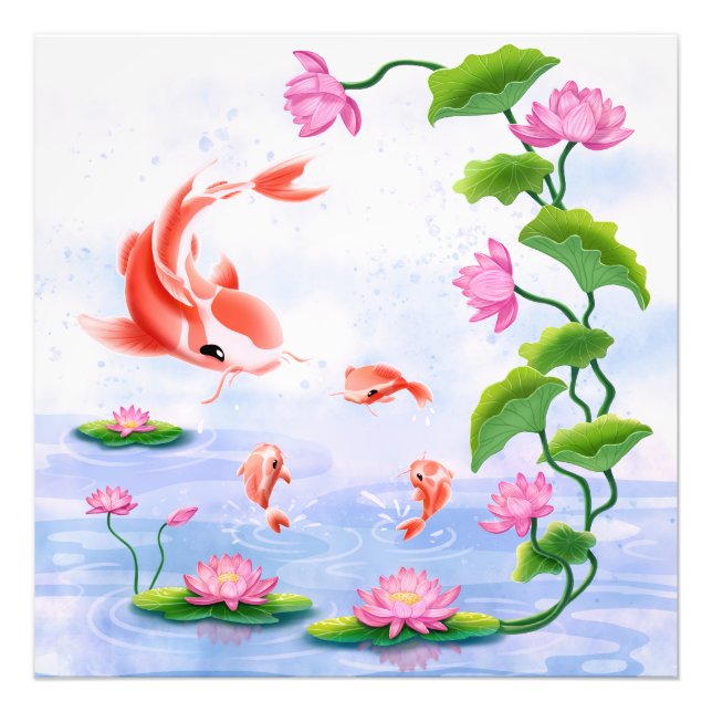 Kawaii Koi Fish Pink Water Lilies Pond Fotodruck (Vorne)