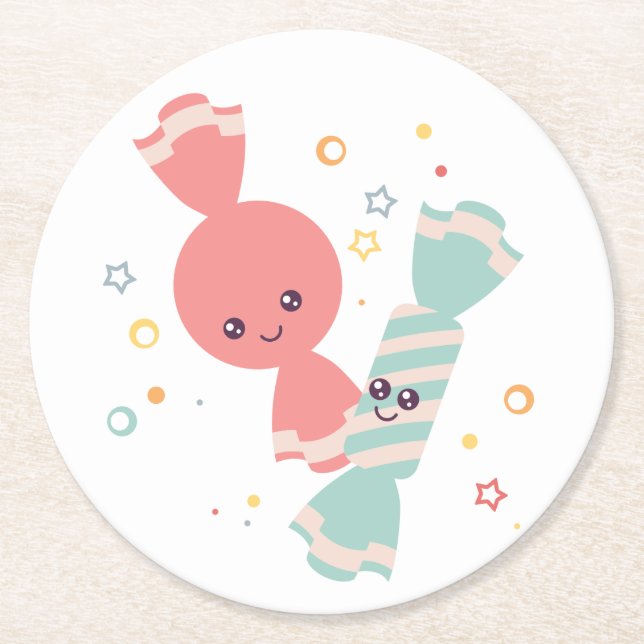 Kawaii lächelnd Candy Round Paper Untersetzer (Vorderseite)