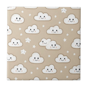 Kawaii lächelnde Wolken & Sterne auf Beige Fliese