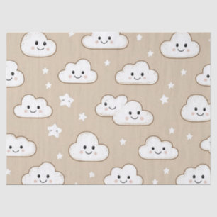 Kawaii lächelnde Wolken & Sterne auf Beige Seidenpapier