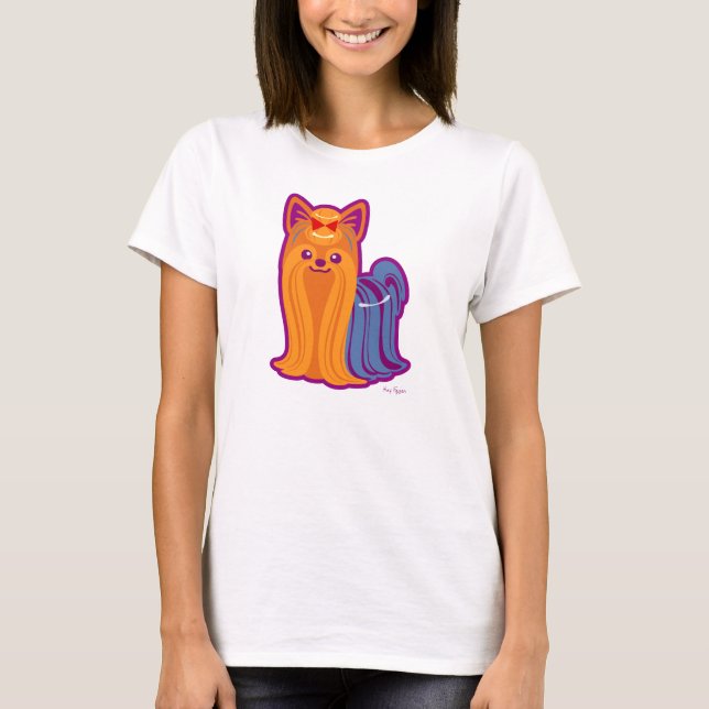 Kawaii langer Haar Yorkie Cartoon-Hund T-Shirt (Vorderseite)