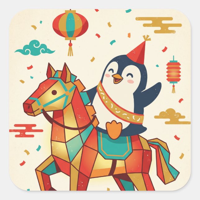 Kawaii Lunar Parade | Year of the Horse Quadratischer Aufkleber (Vorderseite)