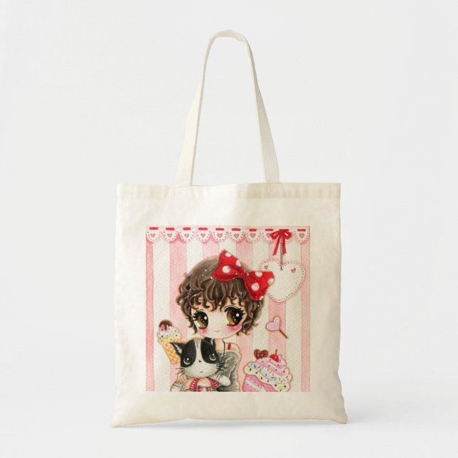 Kawaii Mädchen mit Katze Tragetasche (Vorne)