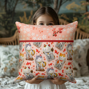Kawaii Maneki Neko Glückskatze   Pfirsich Sakura Kissen