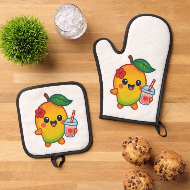 Kawaii Mango - Sweetheart Frucht mit Herz Smoothi Ofenhandschuh & Topflappen-Set (Oben Unten)