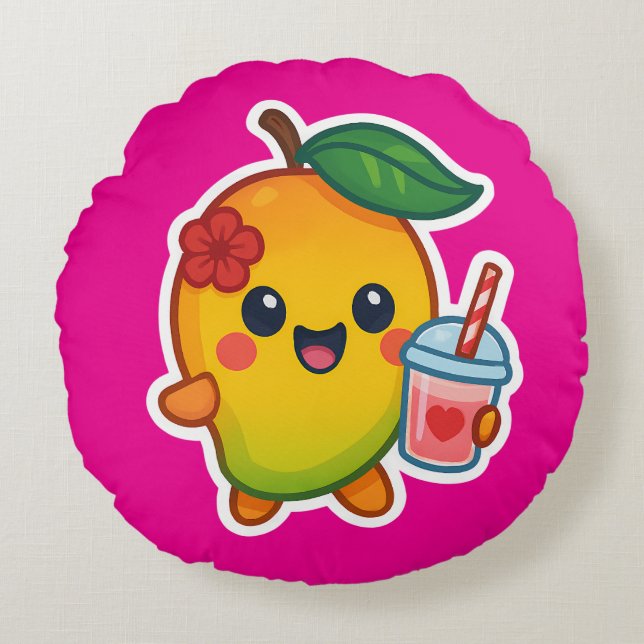 Kawaii Mango - Sweetheart Frucht mit Herz Smoothi Rundes Kissen (Vorderseite)