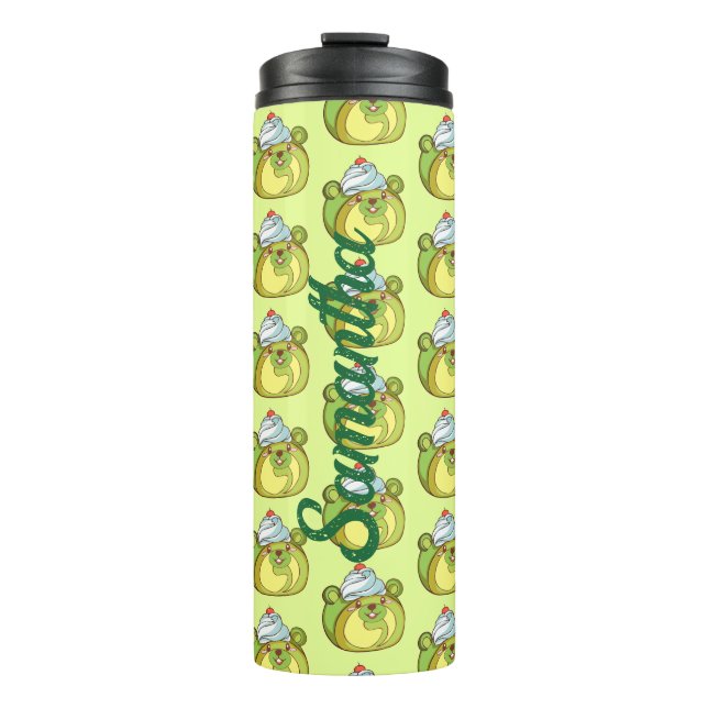 Kawaii Matcha Swiss Roll Bear Cake Thermosbecher (Vorderseite)