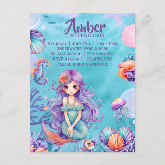 Kawaii Mermaid Party Einladungspostkarte (Vorderseite)
