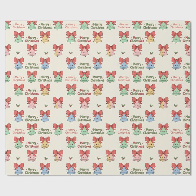 Kawaii "Merry Christmas" Bell & Ribbon Geschenkpapier (Flach)