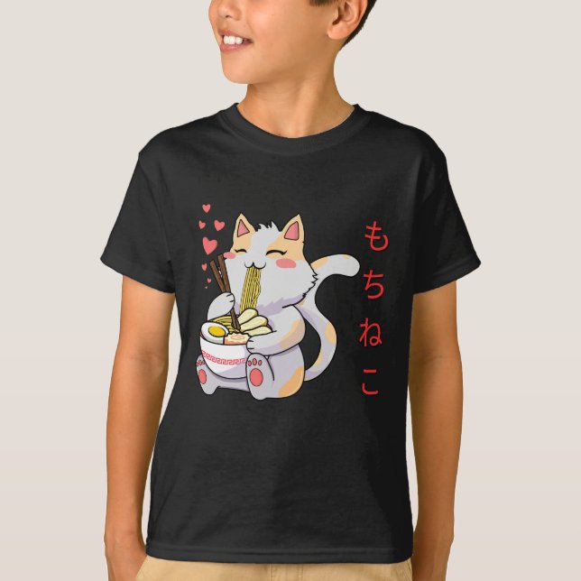 Kawaii Mochi Neko Chat Manger Un T-Shirt Sushi (Devant)