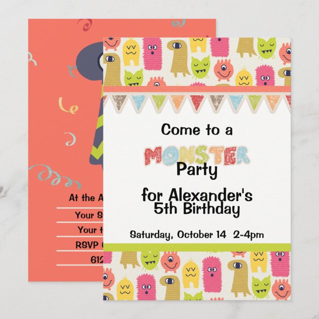 Kawaii Monster Invitation de fête d'anniversaire (Devant / Derrière)