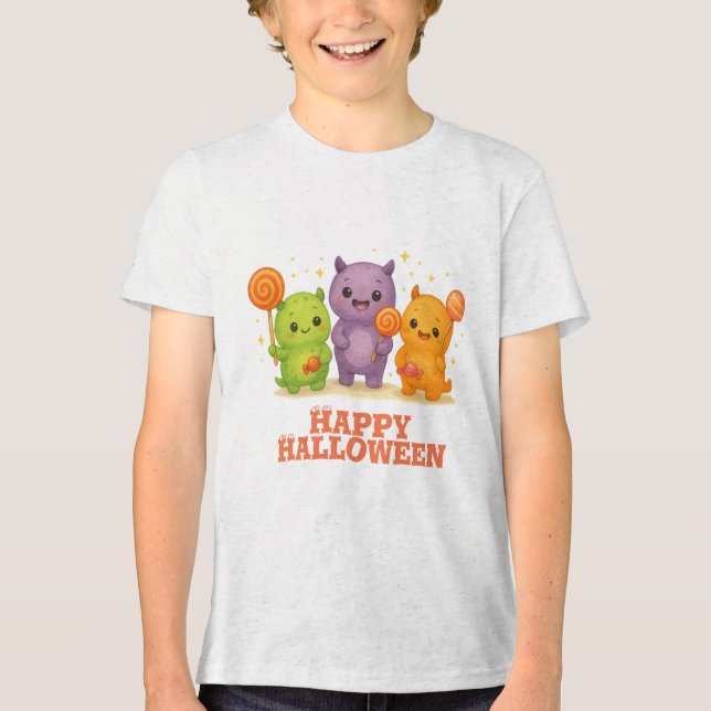 Kawaii Monsters & Lollipops Halloween-Fahnen Tri-Blend Shirt (Vorderseite)