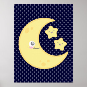 Kawaii Moon and Stars Poster Print