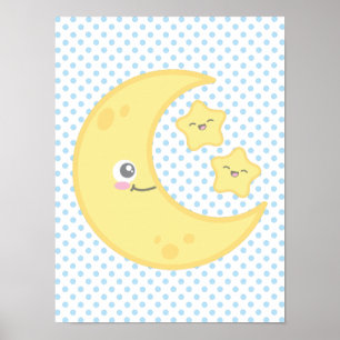 Kawaii Moon and Stars Poster Print