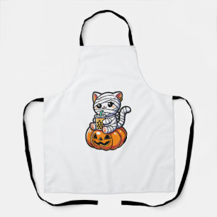 Kawaii Mummy Cat Drinking Boba Tea Halloween Pumpk Schürze