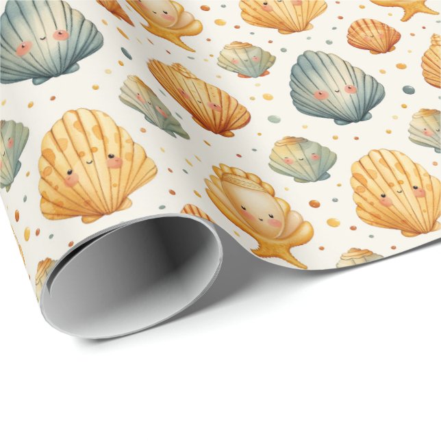 Kawaii Muscheln Gelb und Blau Geschenkpapier (Rolleneckpunkt)