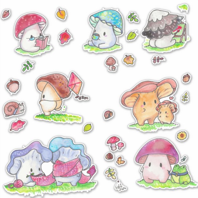 Kawaii Mushroom Friends Sticker Sortiment (Vorderseite)