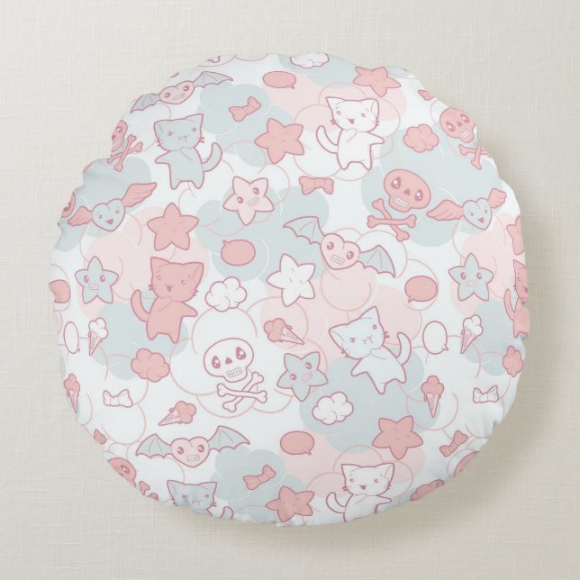 kawaii Muster mit Gekritzel Rundes Kissen (Vorderseite)