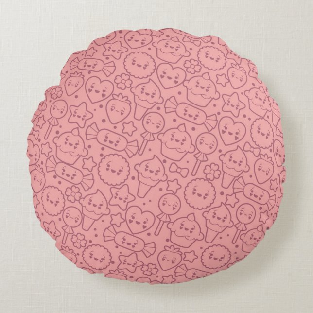 Kawaii-Muster mit niedlichen Kuchen Rundes Kissen (Vorderseite)