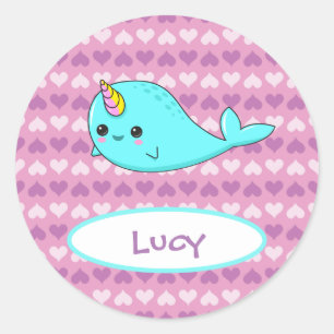Kawaii Narwhal Lila Heart Name Sticker