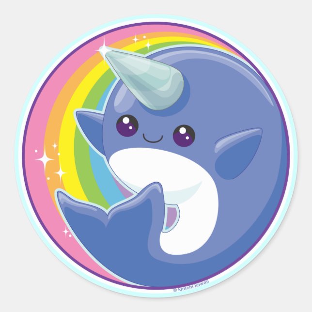 Kawaii Narwhal Runder Aufkleber (Vorderseite)