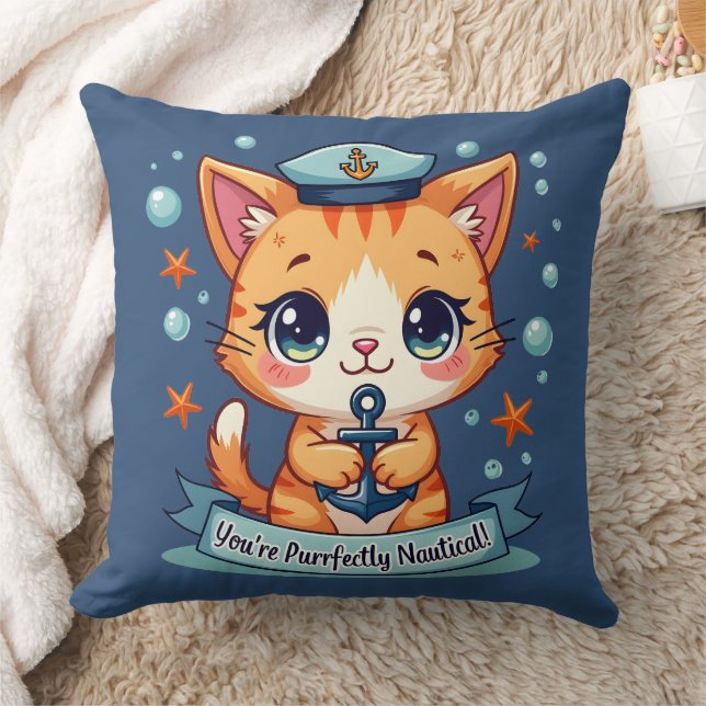Kawaii Nautical Cat Sailing Anchor Pub Kissen (Decke)