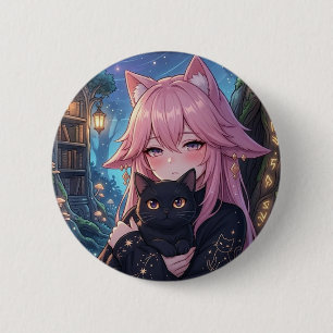 Kawaii Neko Anime Mädchen mit schwarzer Katze - Ec Button