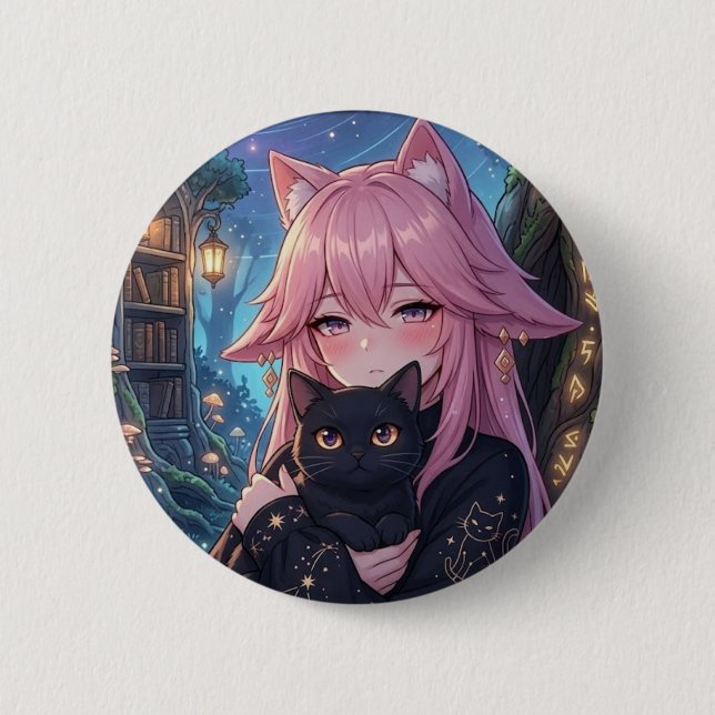 Kawaii Neko Anime Mädchen mit schwarzer Katze - Ec Button (Vorderseite)