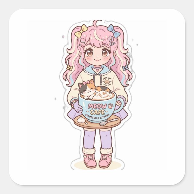 Kawaii Neko Cafe Anime Mädchen Chibi Aufkleber (Vorderseite)