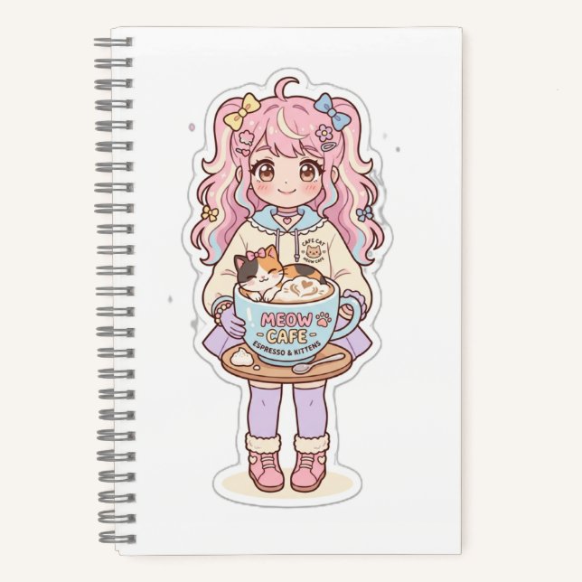 Kawaii Neko Cafe Anime Mädchen Chibi Notizbuch (Vorderseite)