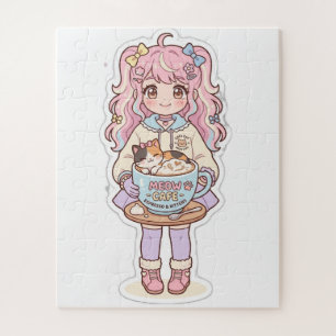 Kawaii Neko Cafe Anime Mädchen Chibi Puzzle