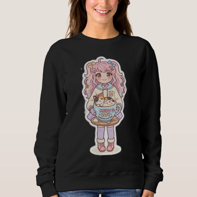 Kawaii Neko Cafe Chibi Anime Mädchen schwarzer Swe Sweatshirt (Vorderseite)