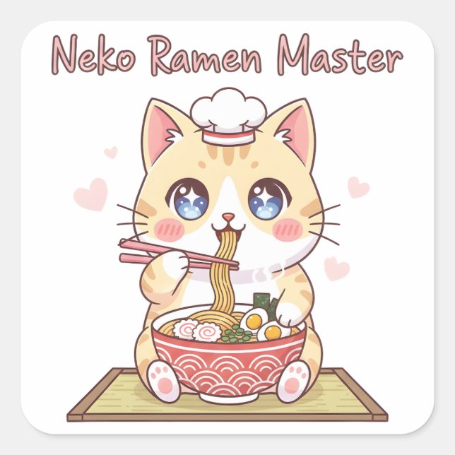 Kawaii Neko Ramen Master Cute Cat Food Chef Quadratischer Aufkleber (Vorderseite)