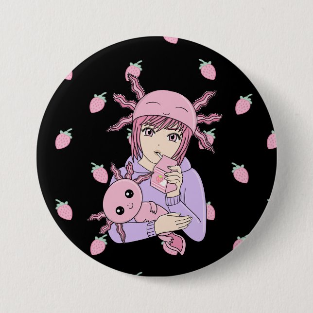 Kawaii Niedlich Axolotl Strawberry Milk Anime Button (Vorderseite)