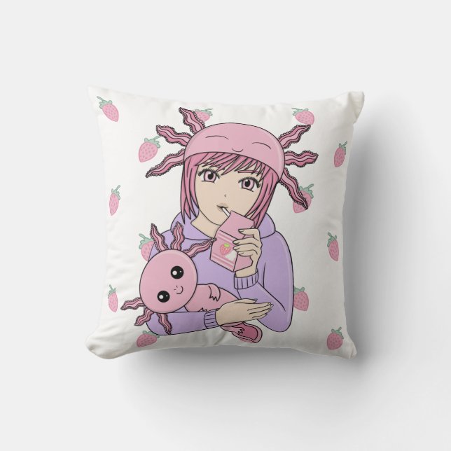 Kawaii Niedlich Axolotl Strawberry Milk Anime Kissen (Vorderseite)