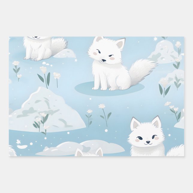 Kawaii Niedlich Baby Arctic Foxes Geschenkpapier Set (Vorderseite)