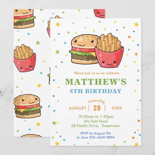 Kawaii Niedlich Fast Food Burger Party Boy Birthda Einladung (Vorne/Hinten)