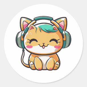 Kawaii Niedlich Happy Farbige Katze mit Kopfhörern Runder Aufkleber