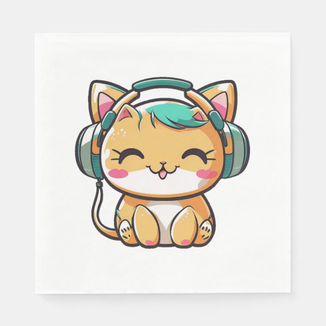 Kawaii Niedlich Happy Farbige Katze mit Kopfhörern Serviette (Vorderseite)