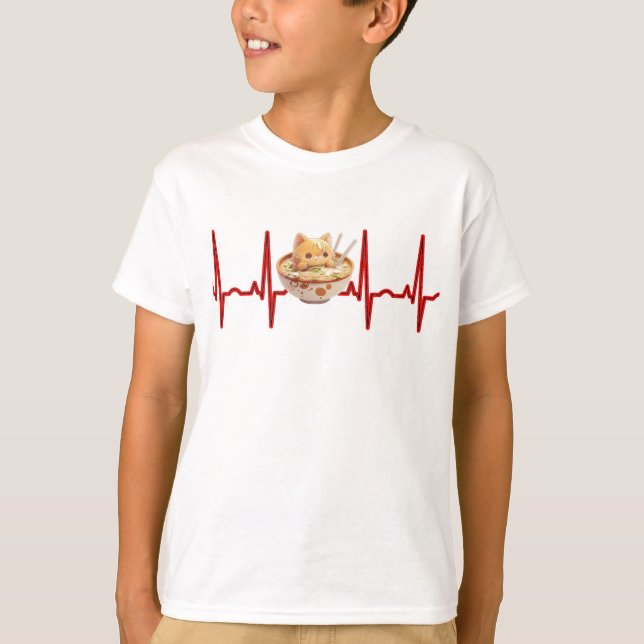 Kawaii Niedlich Kitten Ramen EKG Heartbeat Otaku A T-Shirt (Vorderseite)