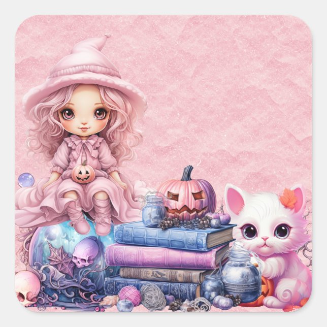 Kawaii Niedlich Pink Halloween Quadratischer Aufkleber (Vorderseite)